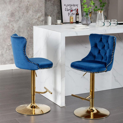Golden Swivel Velvet Barstools Adjusatble Seat Height from 25-33 Inch, Modern Upholstered Bar Stools with Backs Comfortable Tufted for Home Pub and Kitchen Island, Blue, Set of 2 - Streamdale Furniture