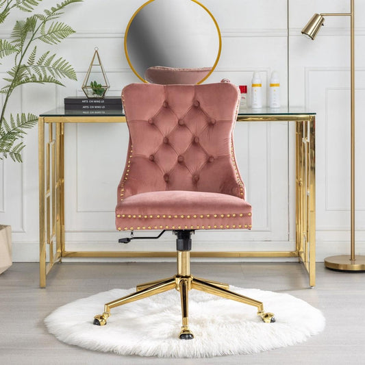 Office Chair,Velvet Upholstered Tufted Button Home Office Chair with Golden Metal Base,Adjustable Desk Chair Swivel Office Chair (Pink)