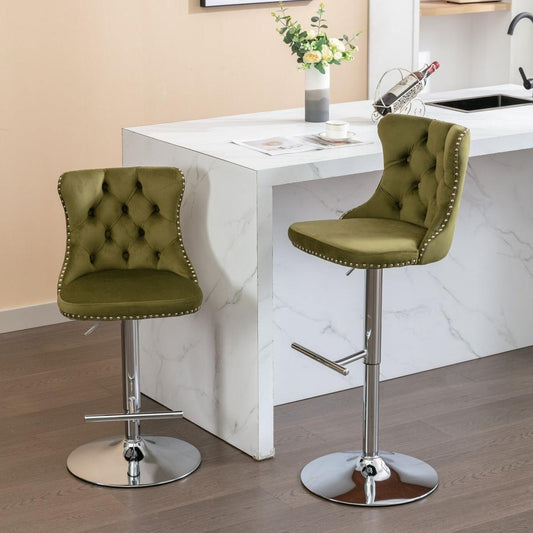 Swivel Velvet Barstools Adjusatble Seat Height from 25-33 Inch, Modern Upholstered Chrome base Bar Stools with Backs Comfortable Tufted for Home Pub and Kitchen Island, Olive-Green,Set of 2