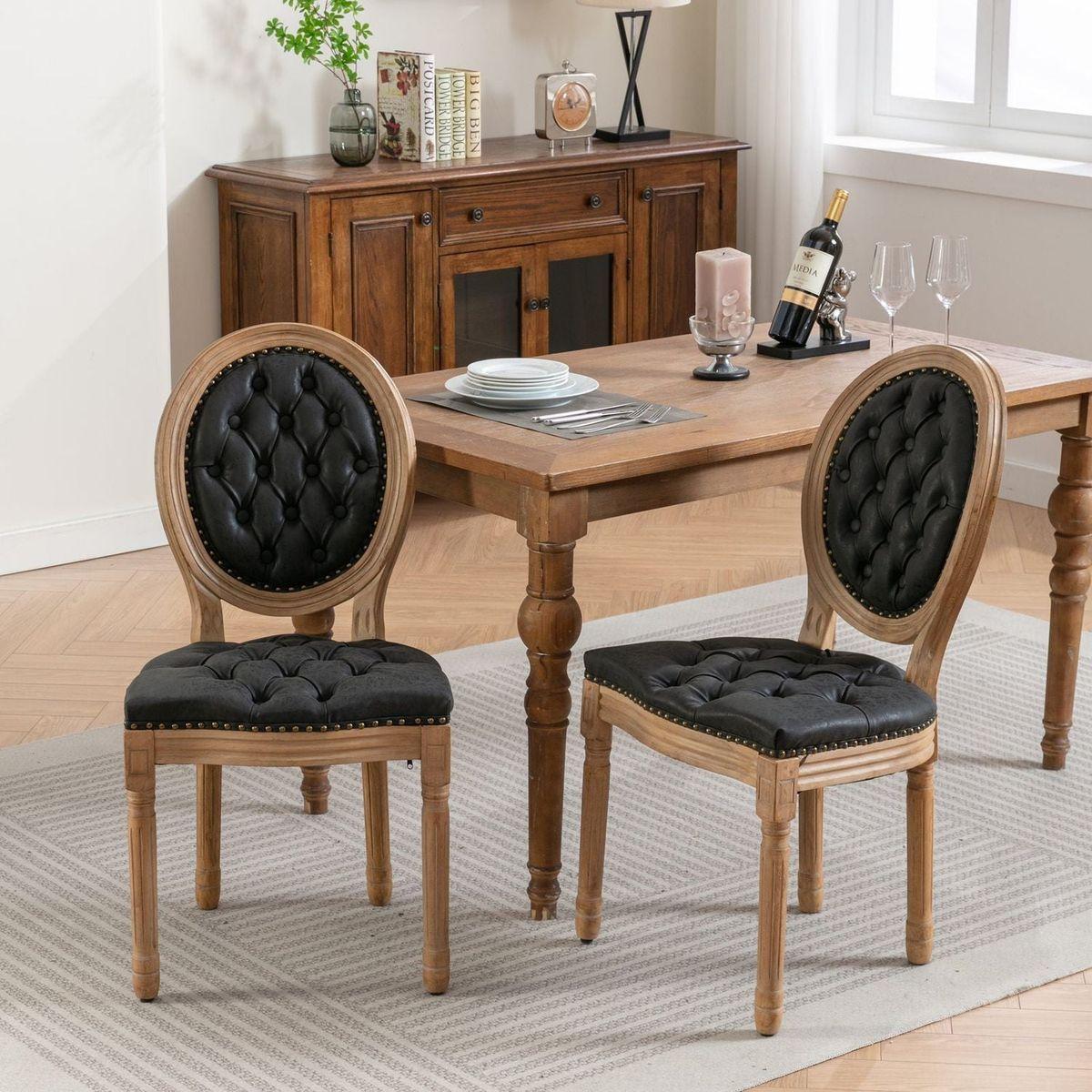 French Style Solid Wood Frame Antique Painting,Hand-pulled buckle decoration PU artificial leather Dining Chair with Nailhead Trim, Wood Legs,Set of 2,Black
