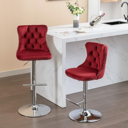 Swivel Velvet Barstools Adjusatble Seat Height from 25-33 Inch, Chrome base Bar Stools with Backs Comfortable Tufted for Home Pub and Kitchen Island, Wine Red,Burgundy,Set of 2