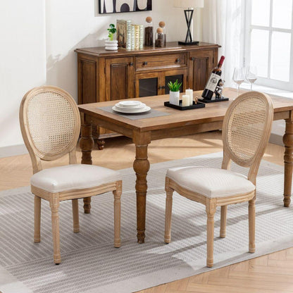 French Style Solid Wood Frame Antique Painting Linen Fabric Rattan Back Dining Chair,Set of 2,Cream,Beige