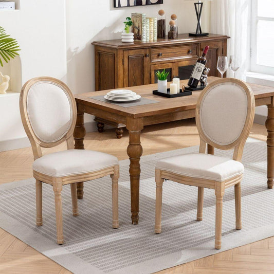 French Style Solid Wood Frame Antique Painting Linen Fabric Back Dining Chair,Set of 2,Beige