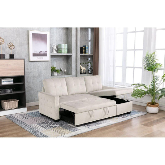 77 Inch Reversible Sectional Storage Sleeper Sofa Bed, L-Shape 2 Seat Sectional Chaise With Storage, Skin-Feeling Velvet Fabric, Beige Color For Living Room Furniture