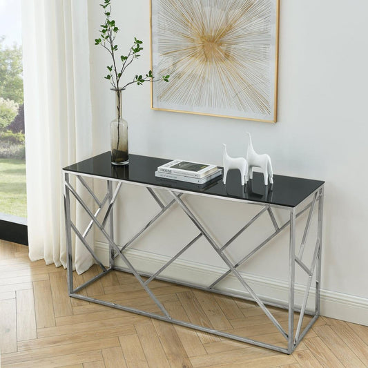Modern Glass Console Table, 55" Gold Sofa Table with Sturdy Metal Frame and Black Tempered Glass Top, for Living Room Entryway Bedroom, Chrome Finish