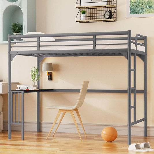 Twin Metal loft Bed with Desk, Ladder and Guardrails, bookdesk under bed, Silver - Streamdale Furniture
