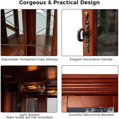 Corner Curio Cabinet with Lights, Adjustable Tempered Glass Shelves, Mirrored Back, Display Cabinet,Walnut (E26 light bulb not included)