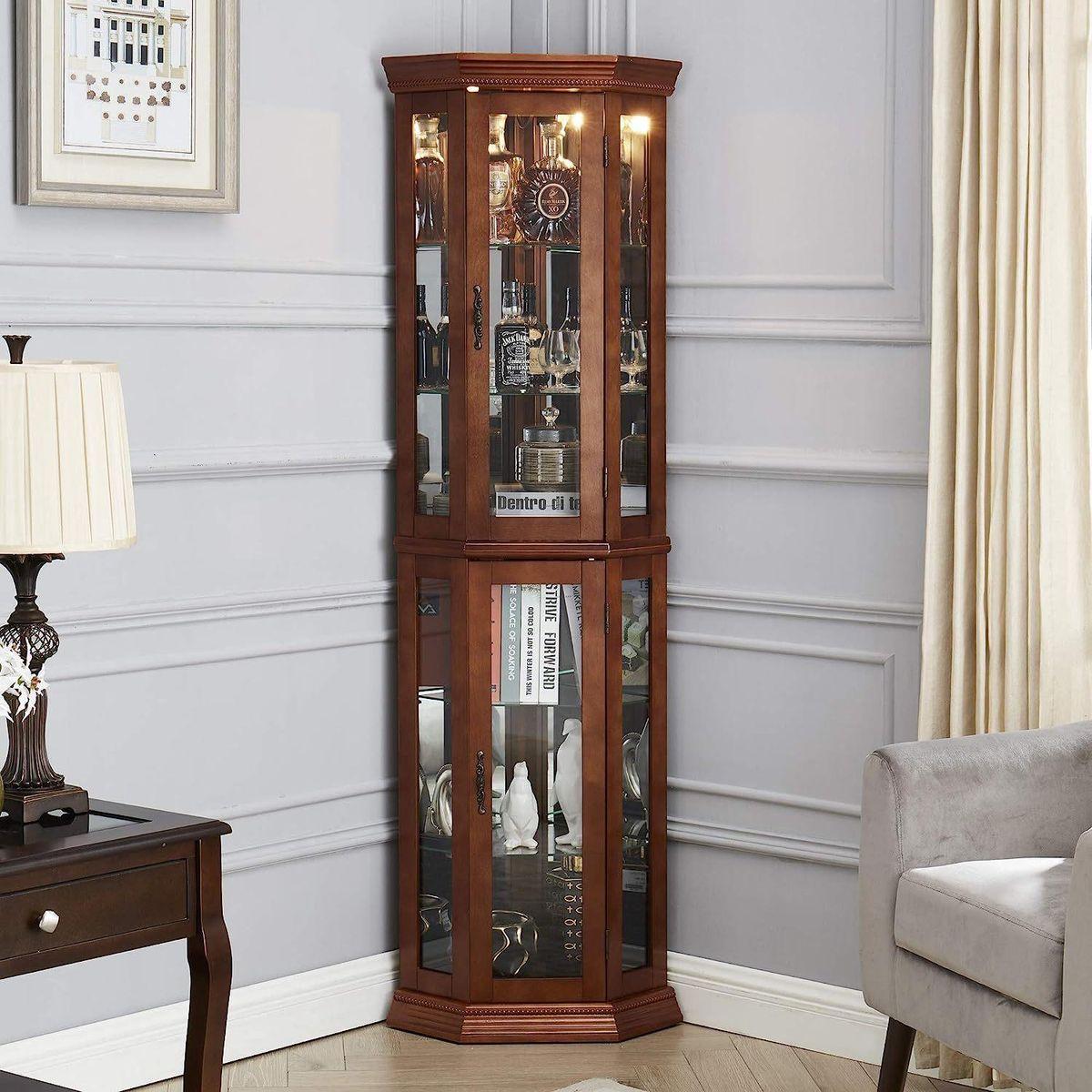 Corner Curio Cabinet with Lights, Adjustable Tempered Glass Shelves, Mirrored Back, Display Cabinet,Walnut (E26 light bulb not included)