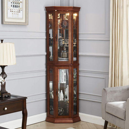 Corner Curio Cabinet with Lights, Adjustable Tempered Glass Shelves, Mirrored Back, Display Cabinet,Walnut (E26 light bulb not included)