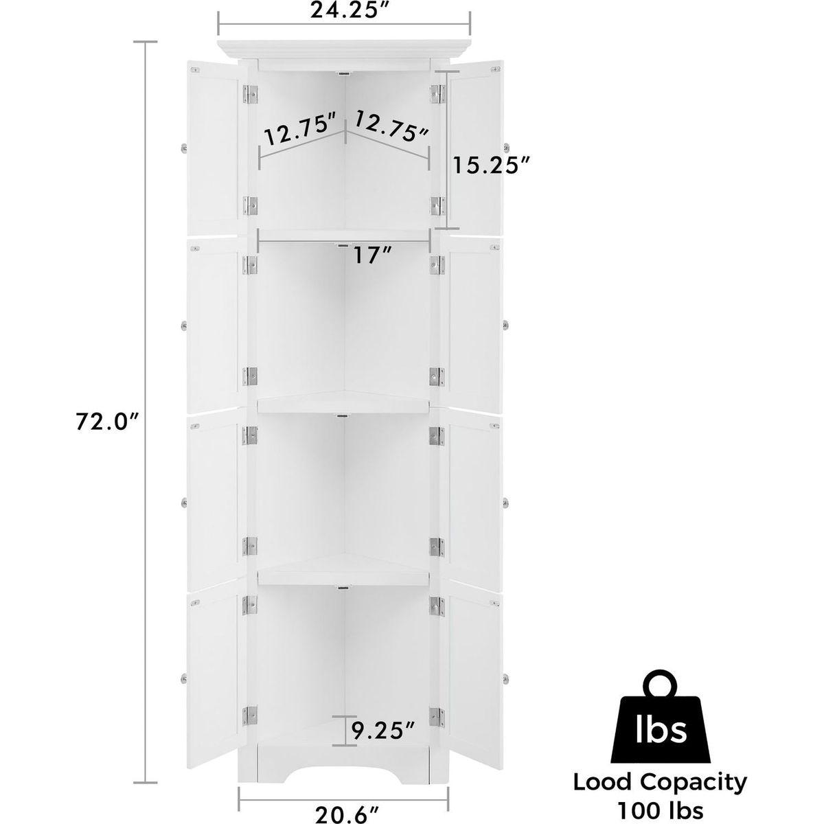 Tall Storage Cabinet with Doors and 4 Shelves for Living Room, Kitchen, Office, Bedroom, Bathroom, Modern, White