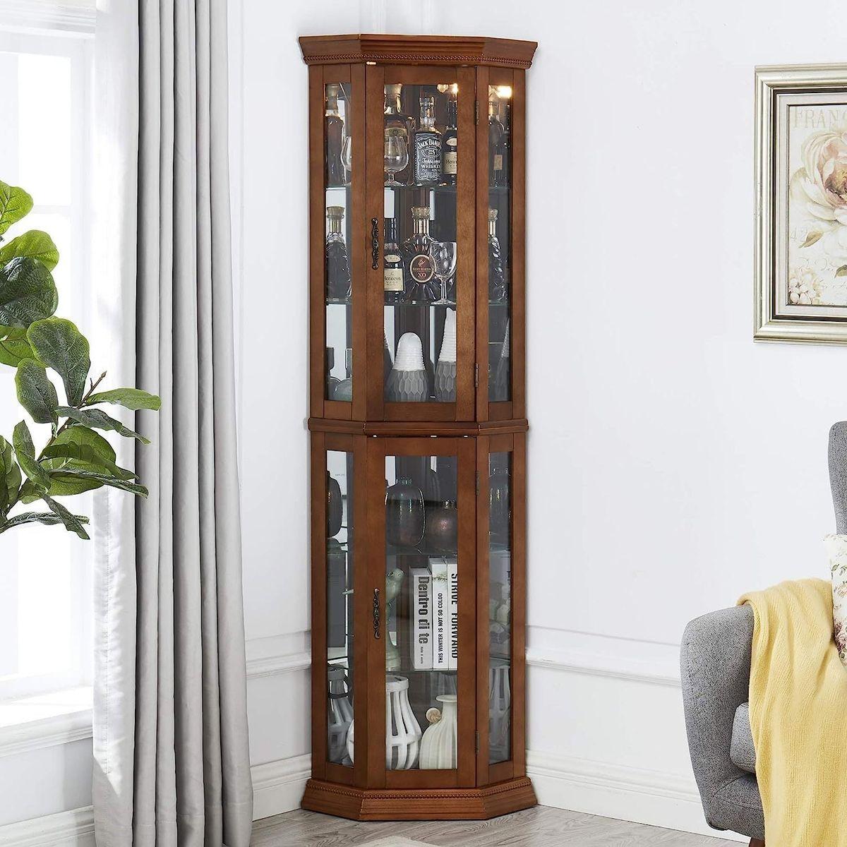 Corner Curio Cabinet with Lights, Adjustable Tempered Glass Shelves, Mirrored Back, Display Cabinet,Walnut (E26 light bulb not included)