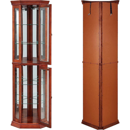Corner Curio Cabinet with Lights, Adjustable Tempered Glass Shelves, Mirrored Back, Display Cabinet,Walnut (E26 light bulb not included)