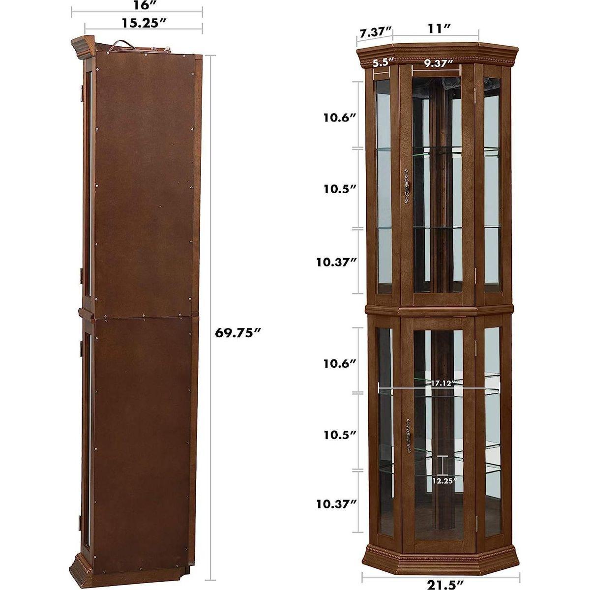 Corner Curio Cabinet with Lights, Adjustable Tempered Glass Shelves, Mirrored Back, Display Cabinet,Walnut (E26 light bulb not included)