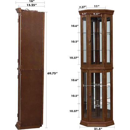 Corner Curio Cabinet with Lights, Adjustable Tempered Glass Shelves, Mirrored Back, Display Cabinet,Walnut (E26 light bulb not included)