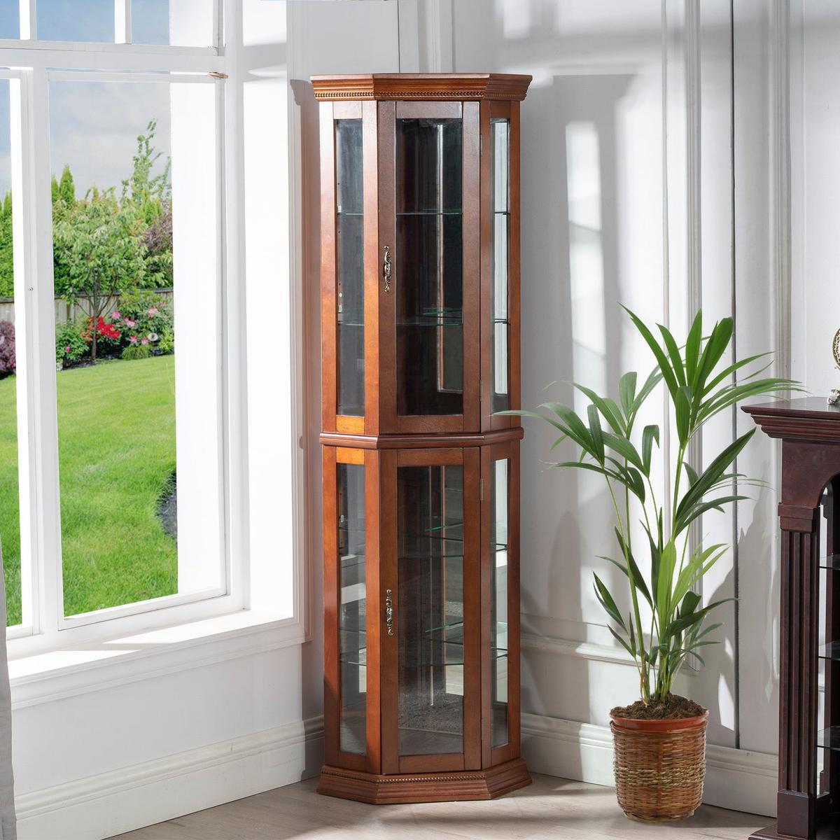 Corner Curio Cabinet with Lights, Adjustable Tempered Glass Shelves, Mirrored Back, Display Cabinet,Walnut (E26 light bulb not included)