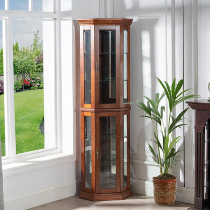 Corner Curio Cabinet with Lights, Adjustable Tempered Glass Shelves, Mirrored Back, Display Cabinet,Walnut (E26 light bulb not included)
