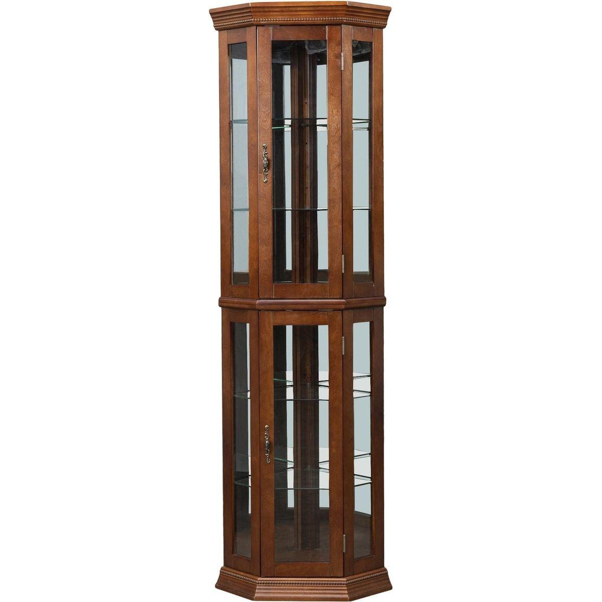 Corner Curio Cabinet with Lights, Adjustable Tempered Glass Shelves, Mirrored Back, Display Cabinet,Walnut (E26 light bulb not included)
