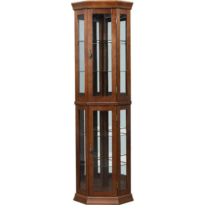 Corner Curio Cabinet with Lights, Adjustable Tempered Glass Shelves, Mirrored Back, Display Cabinet,Walnut (E26 light bulb not included)