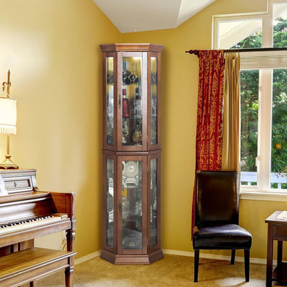 Corner Curio Cabinet with Lights, Adjustable Tempered Glass Shelves, Mirrored Back, Display Cabinet,Walnut (E26 light bulb not included)