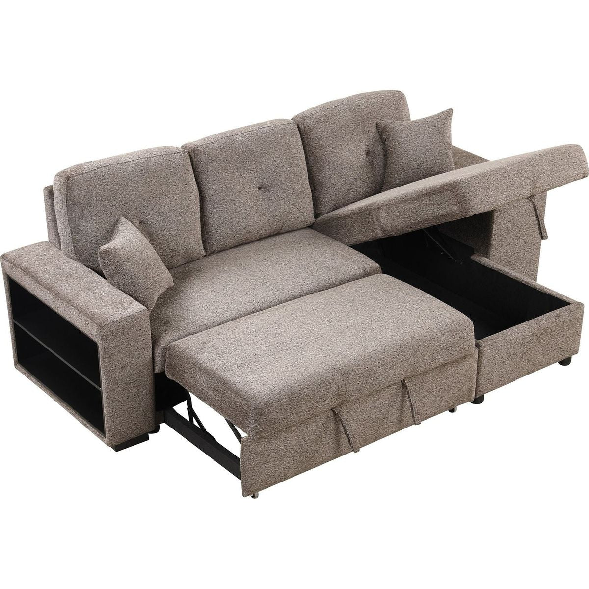 Reversible Sleeper Sectional Sofa Bed with Side Shelf and 2 Stools, Pull-Out L-Shaped Sofa Bed, Corner Sofa-Bed with Storage Chaise Left/Right Hande for Living Room, Knox Charcoal