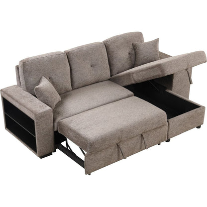 Reversible Sleeper Sectional Sofa Bed with Side Shelf and 2 Stools, Pull-Out L-Shaped Sofa Bed, Corner Sofa-Bed with Storage Chaise Left/Right Hande for Living Room, Knox Charcoal