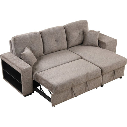 Reversible Sleeper Sectional Sofa Bed with Side Shelf and 2 Stools, Pull-Out L-Shaped Sofa Bed, Corner Sofa-Bed with Storage Chaise Left/Right Hande for Living Room, Knox Charcoal