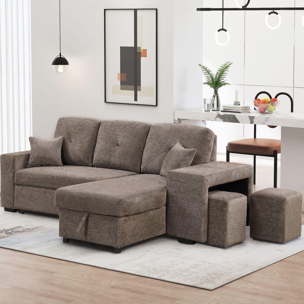 Reversible Sleeper Sectional Sofa Bed with Side Shelf and 2 Stools, Pull-Out L-Shaped Sofa Bed, Corner Sofa-Bed with Storage Chaise Left/Right Hande for Living Room, Knox Charcoal
