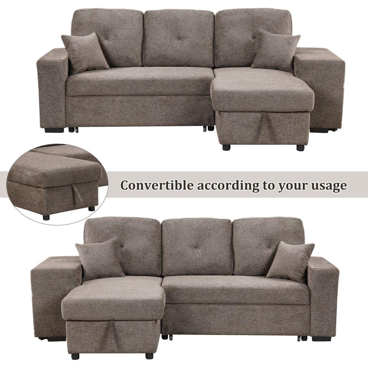 Reversible Sleeper Sectional Sofa Bed with Side Shelf and 2 Stools, Pull-Out L-Shaped Sofa Bed, Corner Sofa-Bed with Storage Chaise Left/Right Hande for Living Room, Knox Charcoal