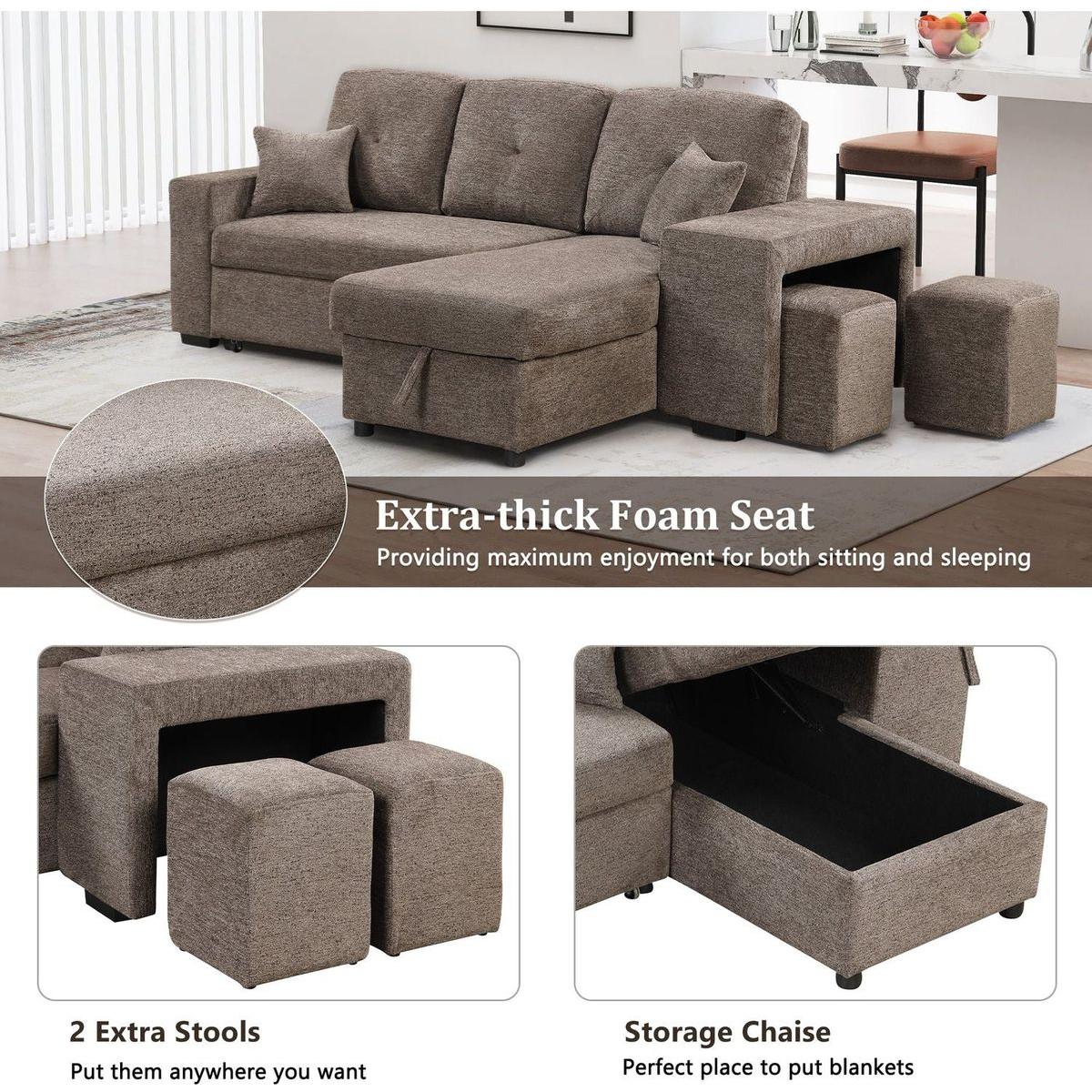 Reversible Sleeper Sectional Sofa Bed with Side Shelf and 2 Stools, Pull-Out L-Shaped Sofa Bed, Corner Sofa-Bed with Storage Chaise Left/Right Hande for Living Room, Knox Charcoal