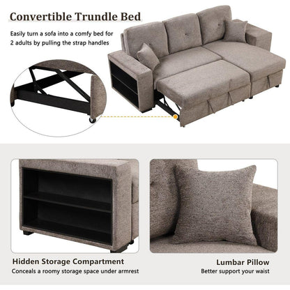 Reversible Sleeper Sectional Sofa Bed with Side Shelf and 2 Stools, Pull-Out L-Shaped Sofa Bed, Corner Sofa-Bed with Storage Chaise Left/Right Hande for Living Room, Knox Charcoal