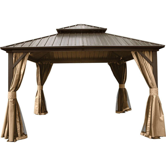 12' X 12' Hardtop Gazebo, Aluminum Metal Gazebo with Galvanized Steel Double Roof Canopy, Curtain and Netting, Permanent Gazebo Pavilion for Party, Wedding, Outdoor Dining, Brown