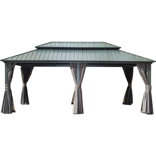 12' X 20' Hardtop Gazebo, Aluminum Metal Gazebo with Galvanized Steel Double Roof Canopy, Curtain and Netting, Permanent Gazebo Pavilion for Patio, Backyard, Deck, Lawn