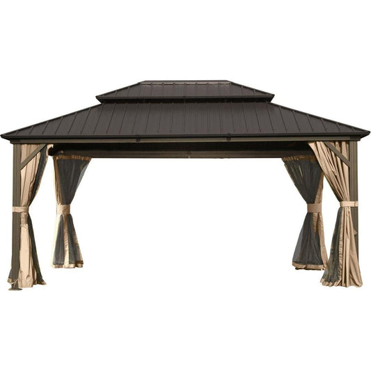 12' X 14' Hardtop Gazebo, Aluminum Metal Gazebo with Galvanized Steel Double Roof Canopy, Curtain and Netting, Permanent Gazebo Pavilion for Party, Wedding, Outdoor Dining, Brown