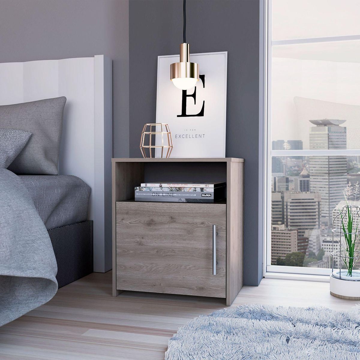 Omaha Nightstand, Single Door Cabinet, Metal Handle, One Shelf, Superior Top, Light Gray