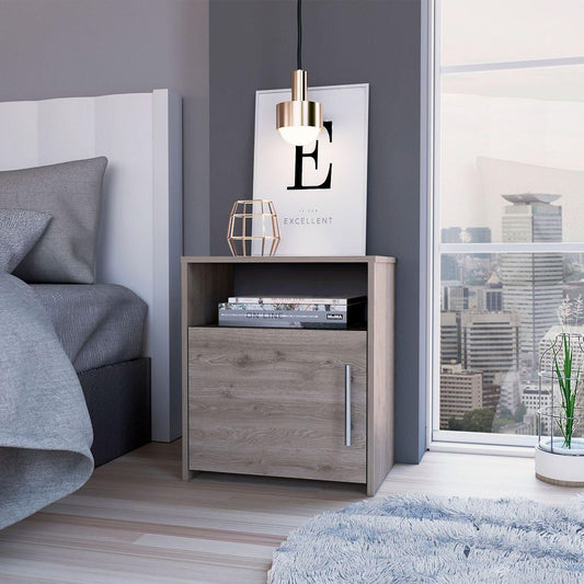 Omaha Nightstand, Single Door Cabinet, Metal Handle, One Shelf, Superior Top, Light Gray