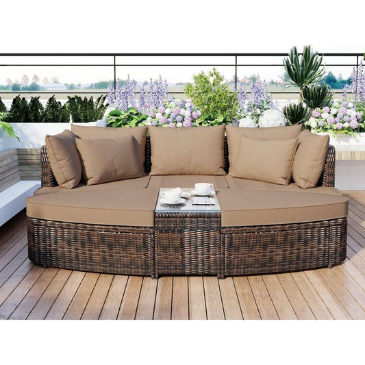 6-Piece Patio Outdoor Conversation Round Sofa Set, PE Wicker Rattan Separate Seating Group with Coffee Table, Brown