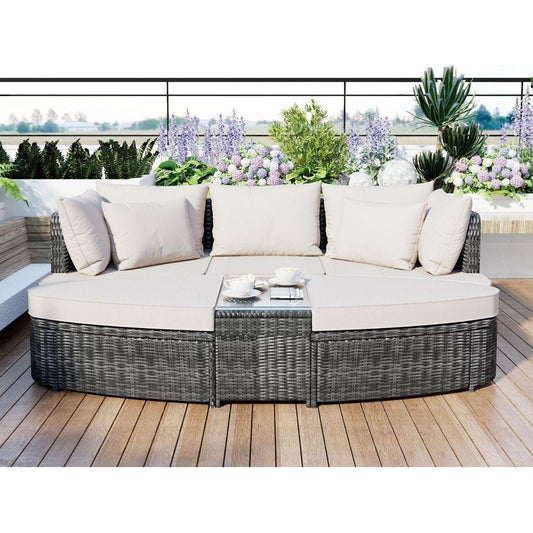 6-Piece Patio Outdoor Conversation Round Sofa Set, PE Wicker Rattan Separate Seating Group with Coffee Table, Beige