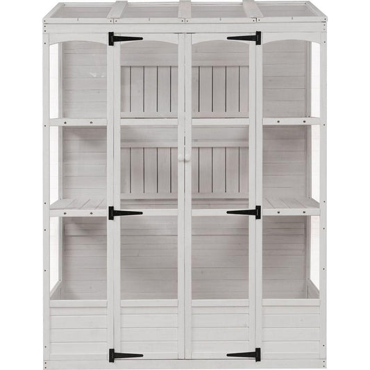 78-inch Wooden Greenhouse Cold Frame with 4 Independent Skylights and 2 Folding Middle Shelves, Walk-in Outdoor Greenhouse, White