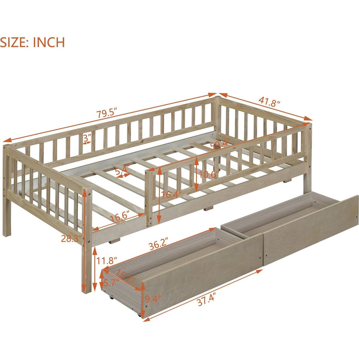 Twin Size Daybed Wood Bed with Two Drawers, Natural - Streamdale Furniture