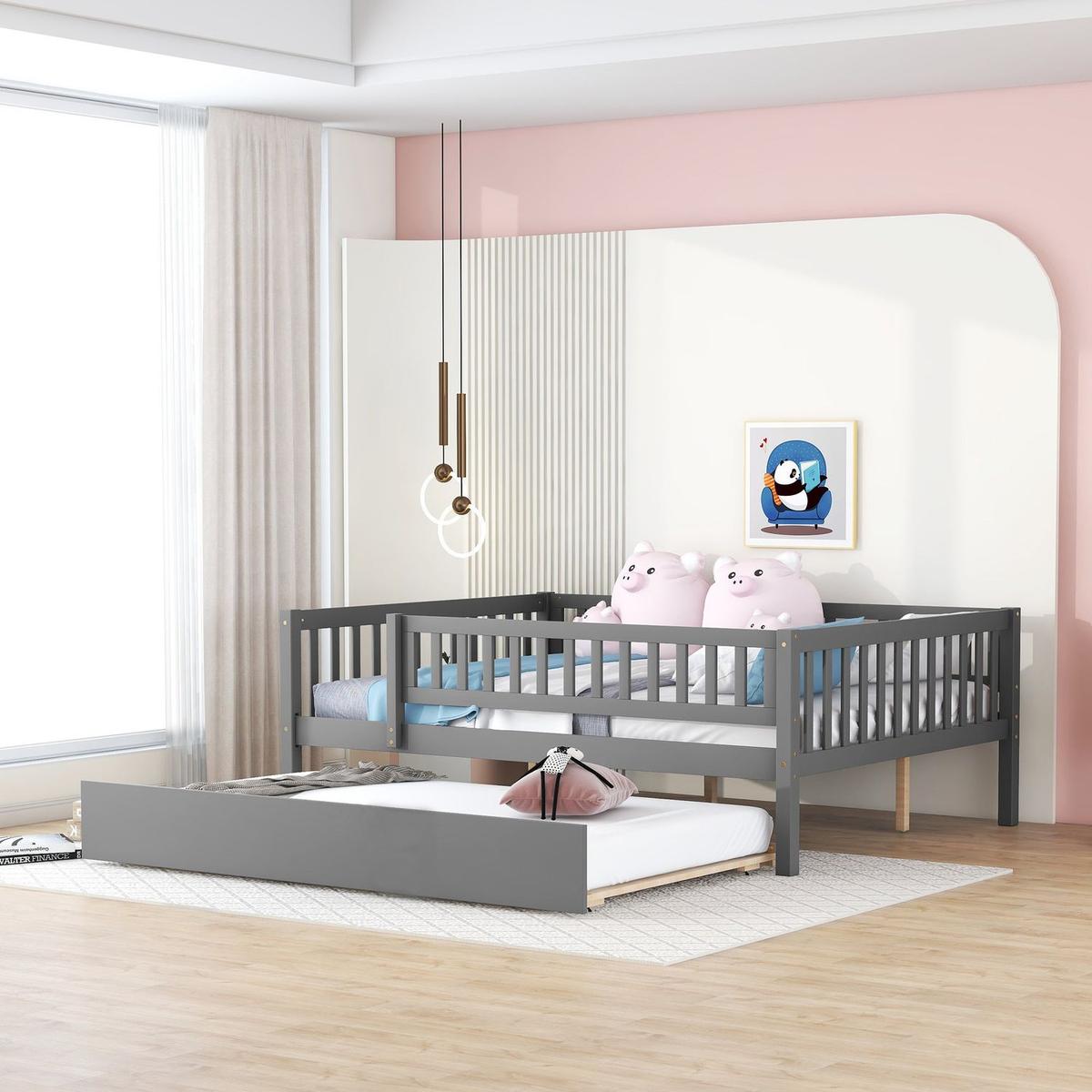 Full Size Wood Daybed with Trundle and Fence Guardrails, Gray - Streamdale Furniture