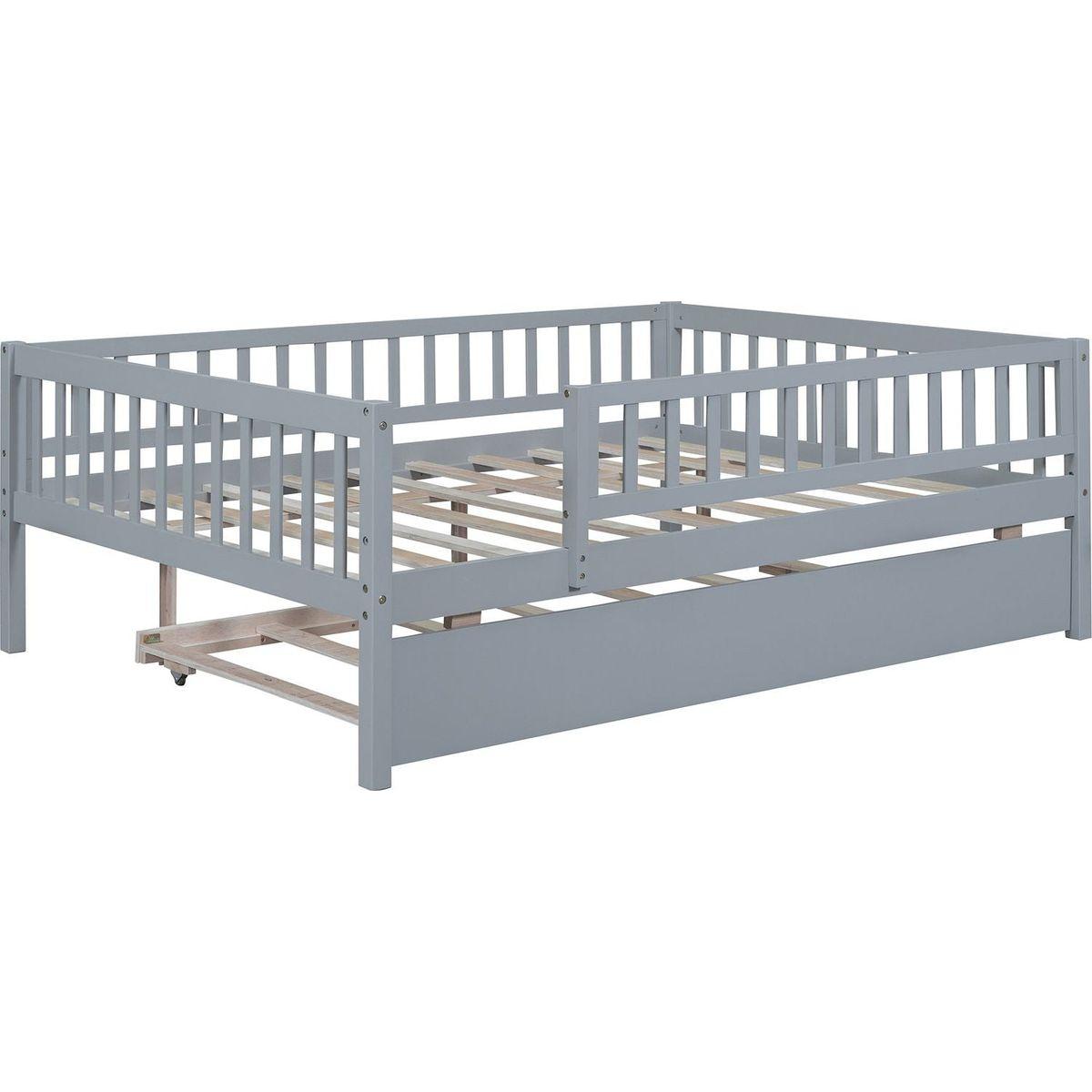 Full Size Wood Daybed with Trundle and Fence Guardrails, Gray - Streamdale Furniture