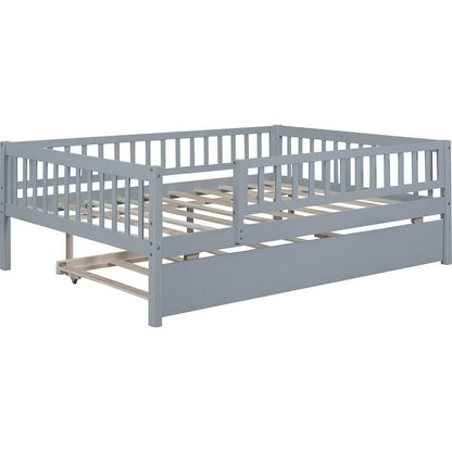 Full Size Wood Daybed with Trundle and Fence Guardrails, Gray - Streamdale Furniture