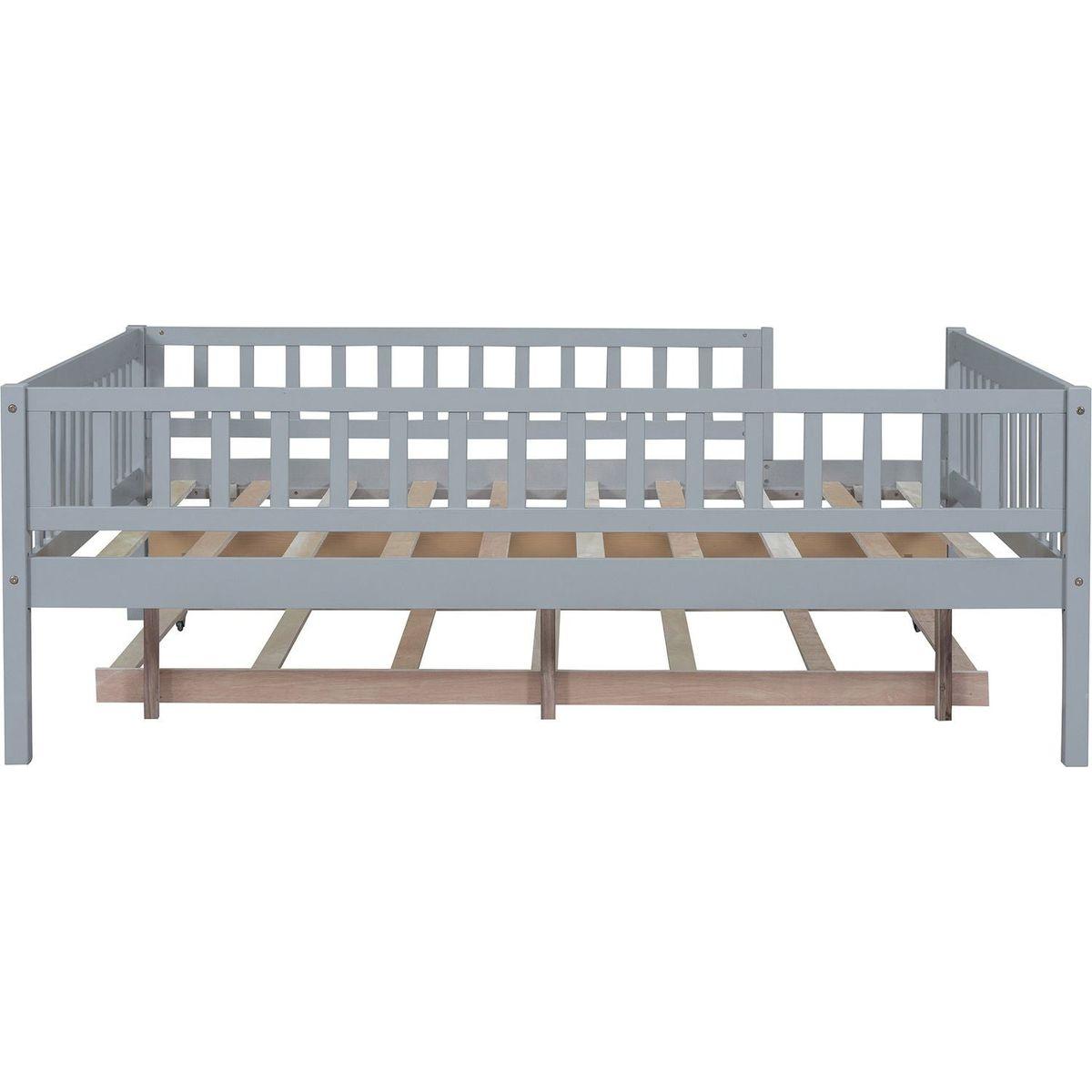 Full Size Wood Daybed with Trundle and Fence Guardrails, Gray - Streamdale Furniture