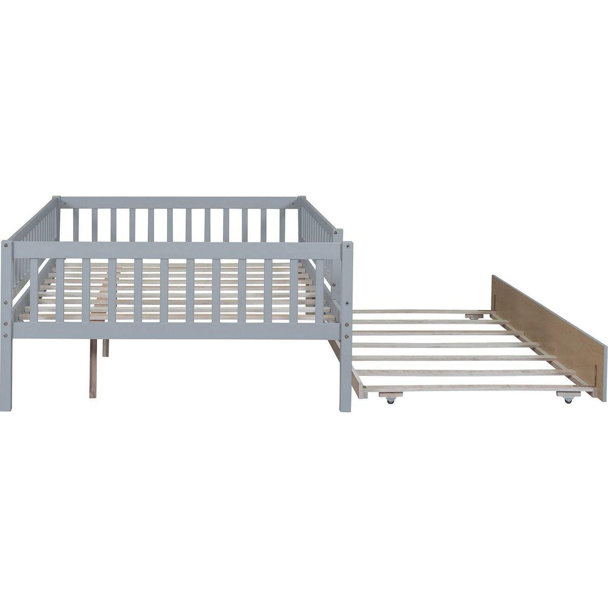 Full Size Wood Daybed with Trundle and Fence Guardrails, Gray - Streamdale Furniture