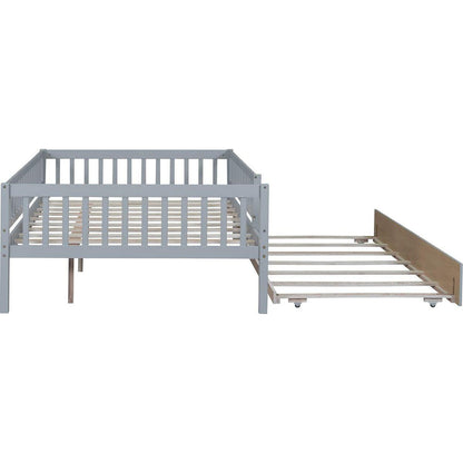 Full Size Wood Daybed with Trundle and Fence Guardrails, Gray - Streamdale Furniture