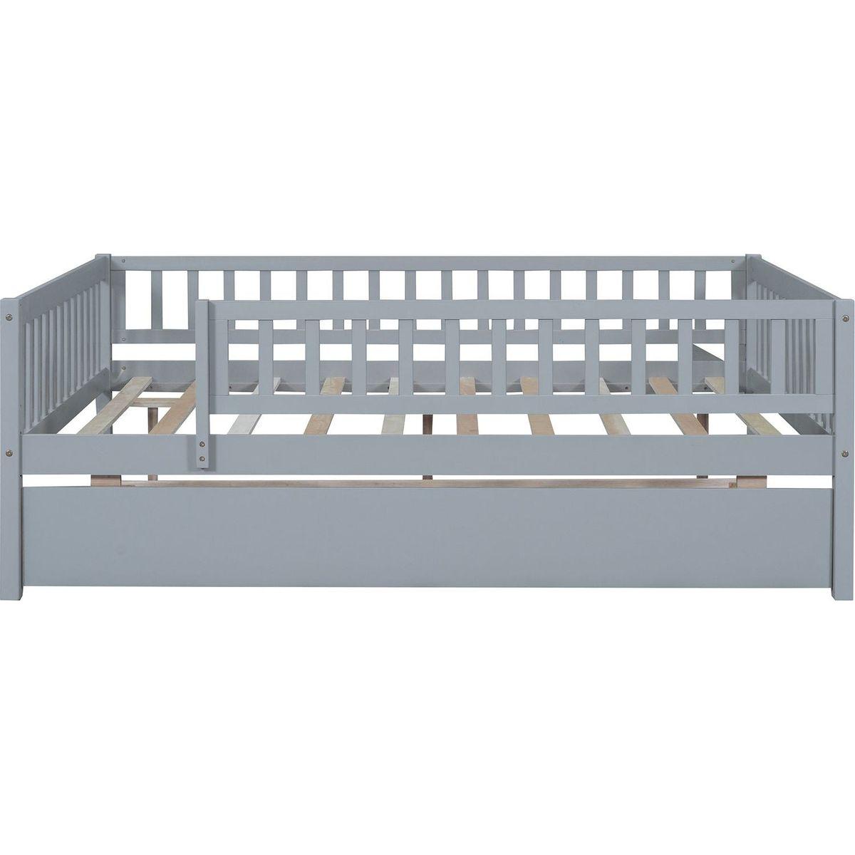 Full Size Wood Daybed with Trundle and Fence Guardrails, Gray - Streamdale Furniture