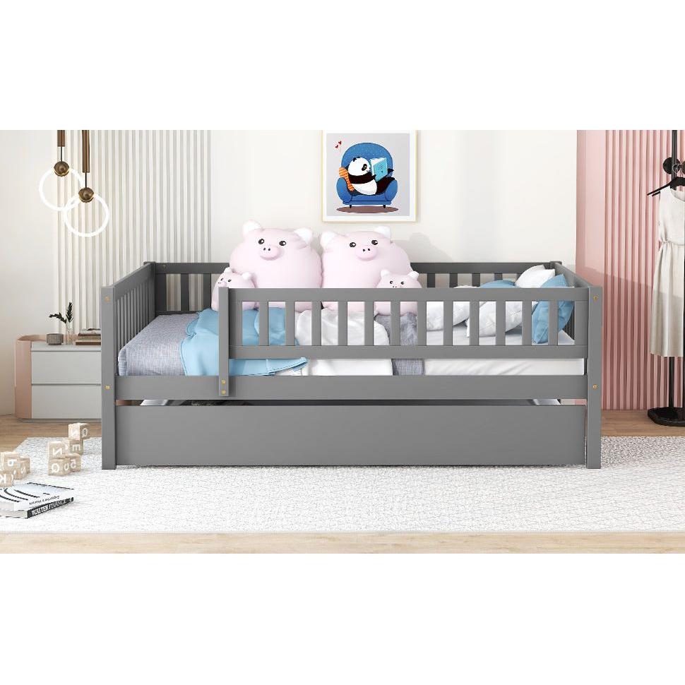 Full Size Wood Daybed with Trundle and Fence Guardrails, Gray - Streamdale Furniture