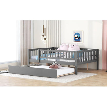 Full Size Wood Daybed with Trundle and Fence Guardrails, Gray - Streamdale Furniture
