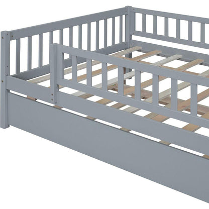 Full Size Wood Daybed with Trundle and Fence Guardrails, Gray - Streamdale Furniture