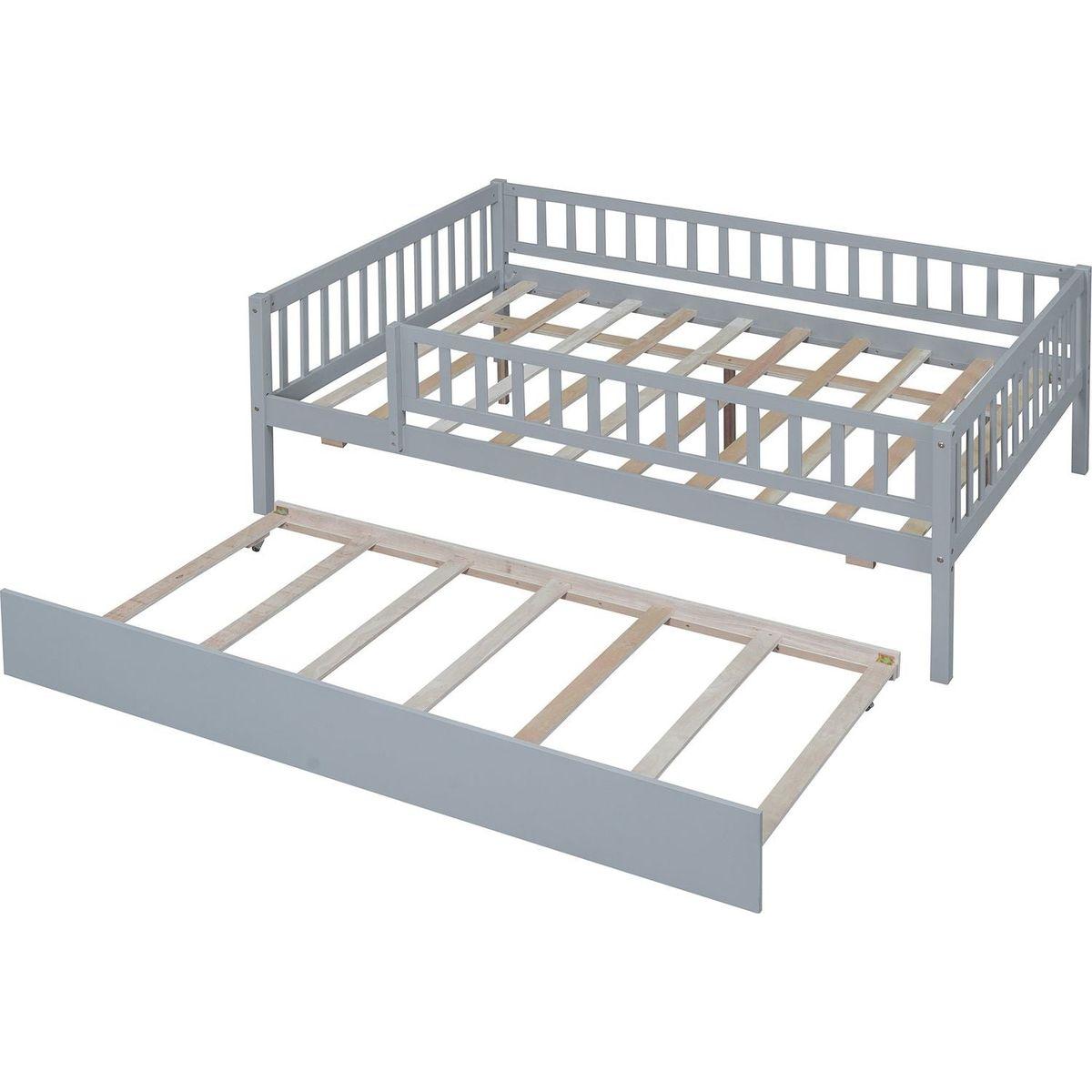 Full Size Wood Daybed with Trundle and Fence Guardrails, Gray - Streamdale Furniture